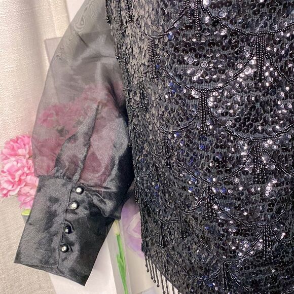 🌹 Gorgeous 100% Wool Vintage Sheer Puffed Sleeve Sequin Beaded Jacket 🌹 - Picture 7 of 10